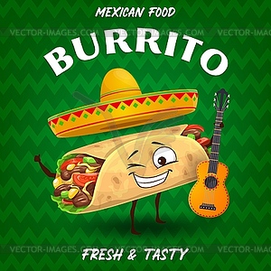 Плакат музыканта с мультяшным мексиканским буррито мариачи - векторное графическое изображение