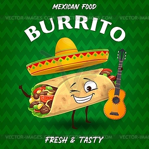 Cartoon Mexican burrito mariachi musician poster - vector clipart