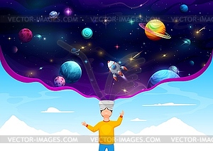 Boy kid in VR helmet and galaxy space in universe - vector image