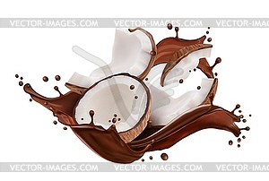 Реалистичный всплеск шоколадного напитка с кокосовой стружкой - клипарт в векторе