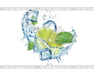 Mojito drink splash with lime, ice and mint - vector image