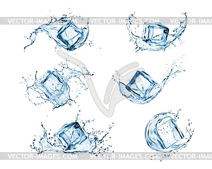 Ice cubes and water splash, crystal blocks - vector clipart