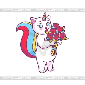 Cute cartoon caticorn with flower bouquet - vector image