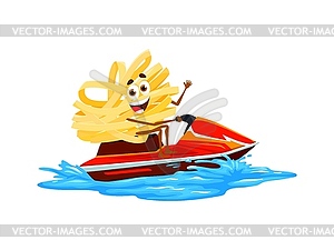 Cartoon fettuccine pasta character riding jet ski - vector clipart