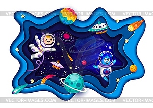 Space paper cut landscape, astronaut and alien - vector image