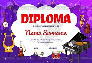 Musical diploma with cartoon instruments character - vector image