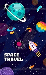 Space travel banner with UFO and rocket, planets - vector image