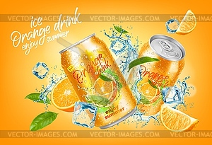 Cool orange drink can, orange slices, water splash - vector image