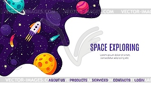 Galaxy space exploring landing page with rocket - vector clipart