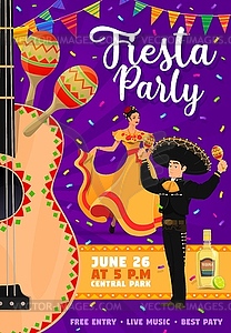 Mexican party flyer with woman, mariachi, guitar - vector image