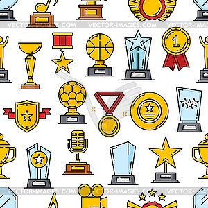 Award trophy, success gold prize seamless pattern - vector clip art