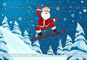 Christmas Santa character glides on snowboard - vector image