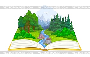 Opened book with forest, river, meadow, mountains - vector clipart