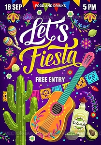 Mexican fiesta party flyer, guitar, maracas, flags - vector clipart