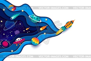 Cartoon paper cut space poster with rocket launch - vector EPS clipart