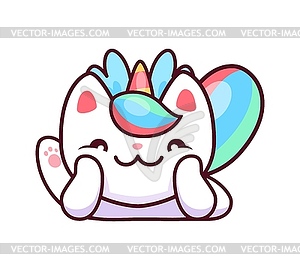 Cartoon kawaii caticorn cat and kitten pet relax - vector image