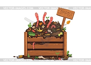 Cartoon funny earth worms in wooden compost box - vector image