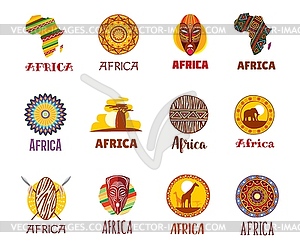 Africa icons, African travel, tourism landmarks - vector clip art