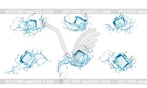 Кубики льда с водяными брызгами, завихрениями и каплями - векторное изображение клипарта