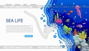 Landing page, underwater paper cut, sea landscape - vector image