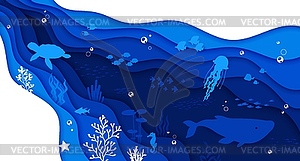 Морской пейзаж, вырезанный из бумаги, с водной волной и животным - векторный рисунок