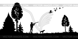 Silhouettes of hunter with shotgun, dog and duck - vector clip art