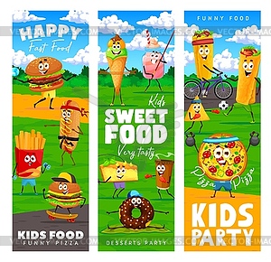 Cartoon fastfood characters on sports banner - vector image