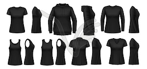 Black woman shirt, hoodie and polo mockups - vector clipart