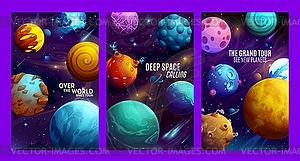 Cartoon galaxy space fantastic planets posters - vector clipart