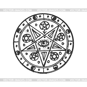 Магический круг с пентаграммой, каменный талисман с глазом - клипарт Royalty-Free