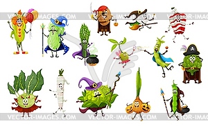 Cartoon Halloween vegetables in spooky costumes - vector clip art