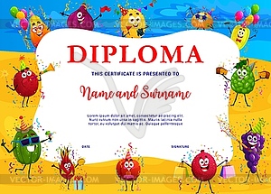 Kids diploma, cartoon tropical fruits on beach - vector image