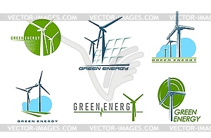 Wind turbine and solar panel, clean energy icons - vector clipart