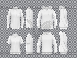 Men shirt, hoody and polo realistic mockups - white & black vector clipart