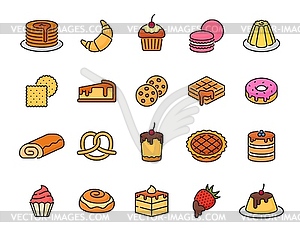 Dessert and sweet bakery color outline icons set - vector image