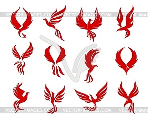 Иконки красной птицы Феникс, жар-птица на огненных крыльях - клипарт в векторе
