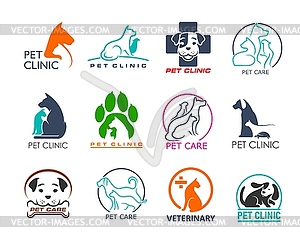 Pet clinic icons with dog, cat animals and birds - vector image