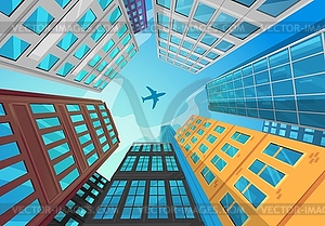 Silhouette of airplane flying above city buildings - vector image