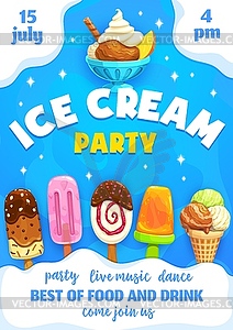 Мороженое, флаер для детской вечеринки с мороженым пломбир - векторный клипарт Royalty-Free