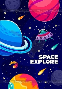 Cartoon space landscape poster with planets, alien - vector clipart