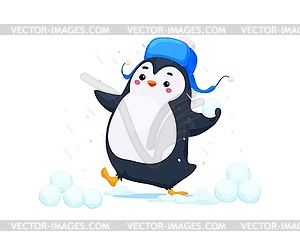 Мультяшный милый забавный пингвин, бросающий снежки - изображение в векторном формате