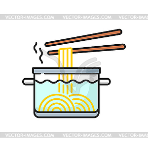 Noodles boiled in saucepan with chopsticks icon - vector image