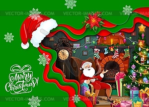 Cartoon Santa in chair near fireplace with gifts - vector image