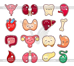 Cartoon sick, unhealthy body organ characters - vector image