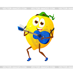 Cartoon lemon strums guitar, fruit play music - vector clip art
