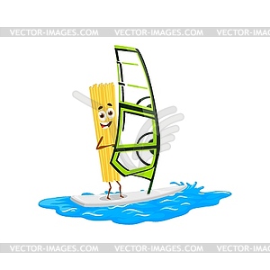 Spaghetti pasta character riding wave on sailboard - vector clip art