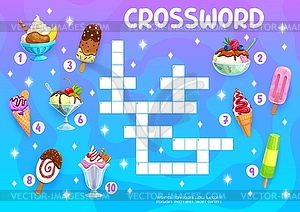 Crossword quiz game with cartoon gelato ice cream - vector clip art