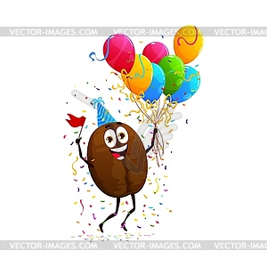 Cartoon coffee bean character on holiday party - vector clipart
