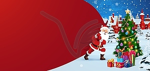 Christmas santa with presents bag in winter town - vector clip art