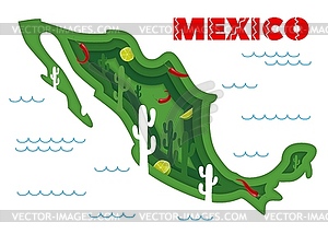 Paper cut map of Mexico with Mexican cactus, limes - vector clip art